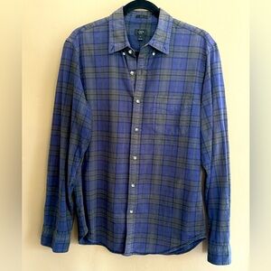 J. Crew Oxford Slim Brushed Cotton Soft Blue & Olive Green Plaid Button-down